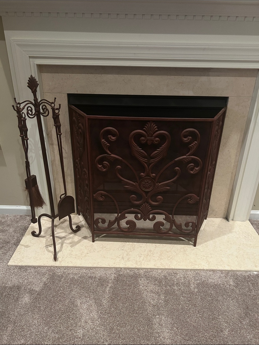 Decorative Brown Ornate Metal Fireplace Screen with Tool Set